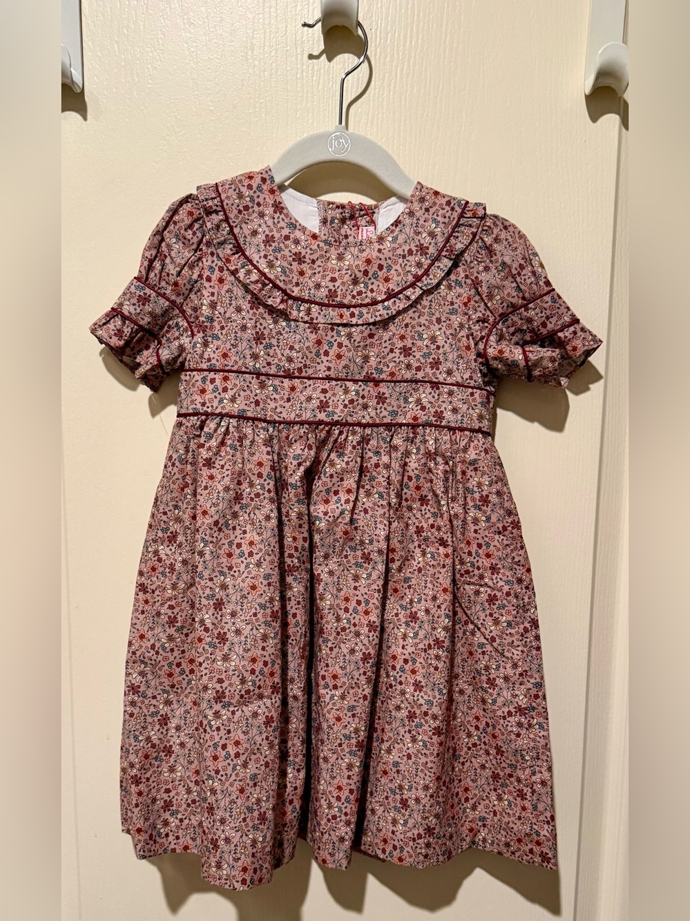 La Coqueta Floral Puff-Sleeve Girls Dress in Rose Burgundy Size 5Y NWT